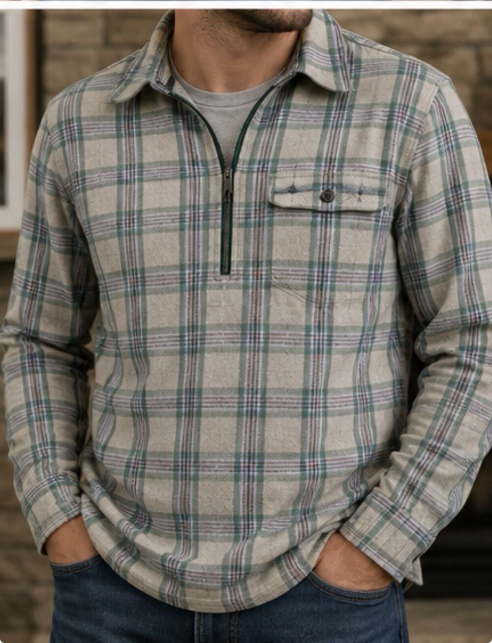 Toad&Co Mens Organic Cotton Plaid Flannel Quarter Zip Pullover Shirt Large